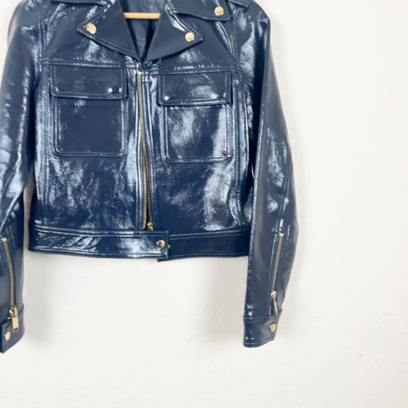 Michael Kors Midnight Blue Lamb Leather Crinkle Moto Jacket Size 4 - Picture 2 of 7